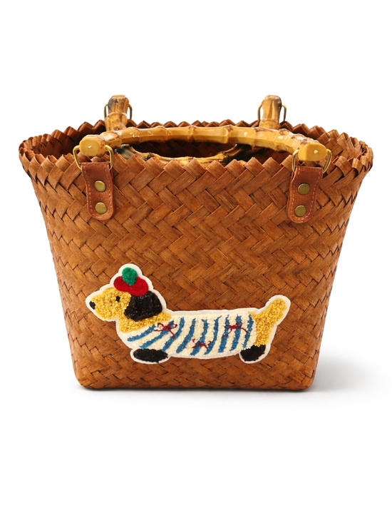 Handbags - Woven Straw Tote w/ Dachshund Patch 🐶 | Bamboo Handle Beach Bag Boho Summer